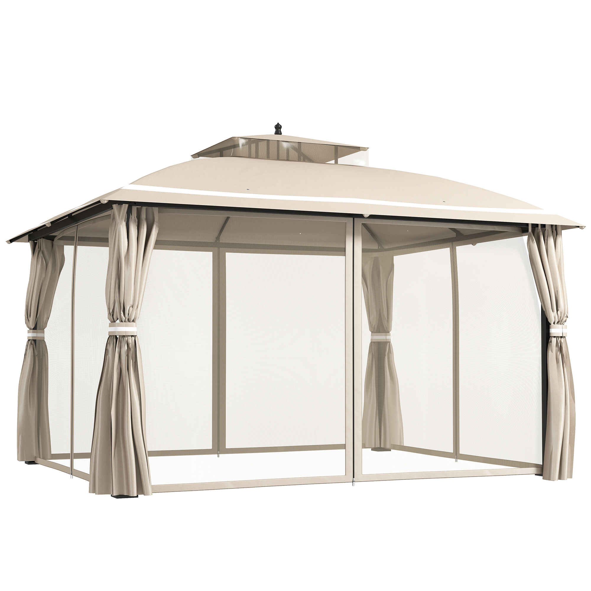 Cenador para Jardín 3,7x3 m Pérgola de Jardín Gazebo con Doble Techo Paredes Laterales Mosquiteras Resistente al Agua Anti-UV Carpa para Exterior Terraza Patio Beige