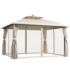 Cenador para Jardín 3,7x3 m Pérgola de Jardín Gazebo con Doble Techo Paredes Laterales Mosquiteras Resistente al Agua Anti-UV Carpa para Exterior Terraza Patio Beige