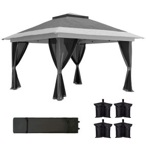 Carpa Plegable Gazebo 3,6x3,6 m Cenador Plegable con 4 Paredes Laterales de Malla Anti-UV Altura Ajustable Bolsa de Arena y Bolsa de Transporte para Camping Fiestas Gris Oscuro
