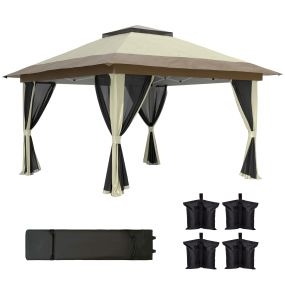 Carpa Plegable Gazebo 3,6x3,6 m Cenador Plegable con 4 Paredes Laterales de Malla Anti-UV Altura Ajustable Bolsa de Arena y Bolsa de Transporte para Camping Fiestas Crema