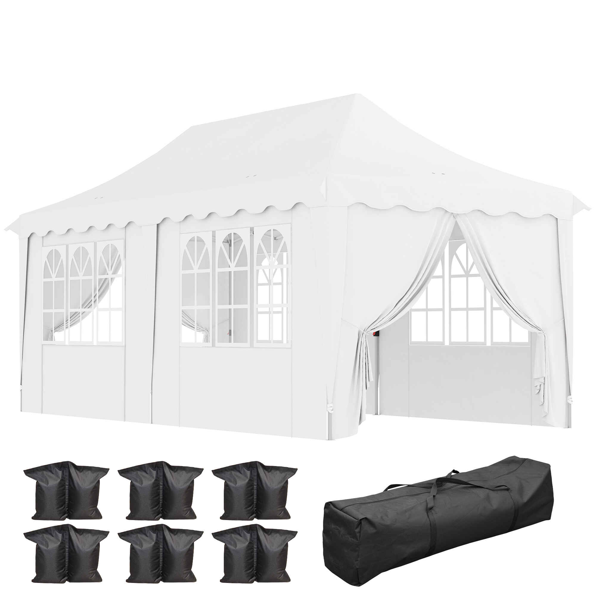 Carpa Plegable Pop-up Gazebo 6x3 m Cenador Plegable con 6 Paredes Laterales Anti-UV Altura Ajustable Bolsa de Arena y Bolsa de Transporte para Camping Fiestas Blanco