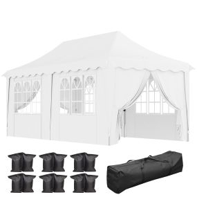 Carpa Plegable Pop-up Gazebo 6x3 m Cenador Plegable con 6 Paredes Laterales Anti-UV Altura Ajustable Bolsa de Arena y Bolsa de Transporte para Camping Fiestas Blanco