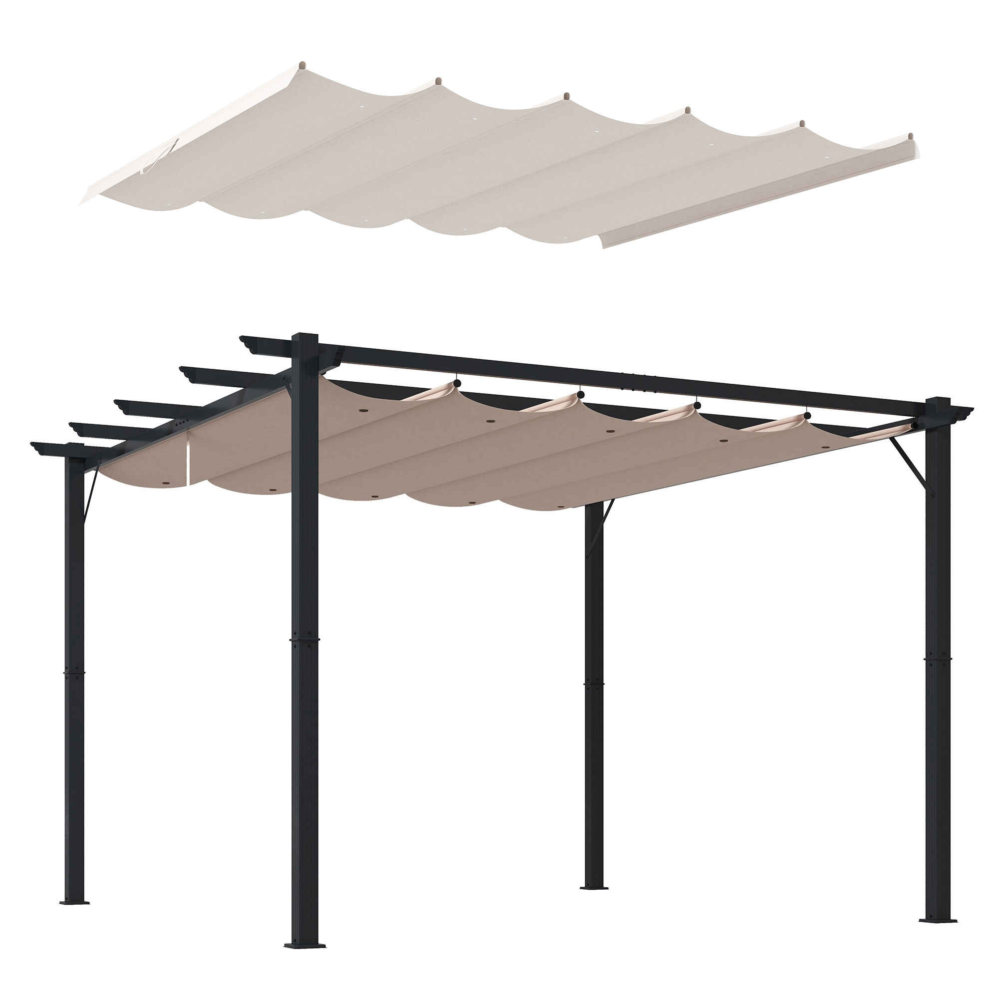 Conjunto de Pérgola Incluye 1 Pérgola de Jardín de Aluminio 3x3 m con Techo Retráctil y 1 Cubierta para Pérgola para Patio Terraza Exterior Café y Crema