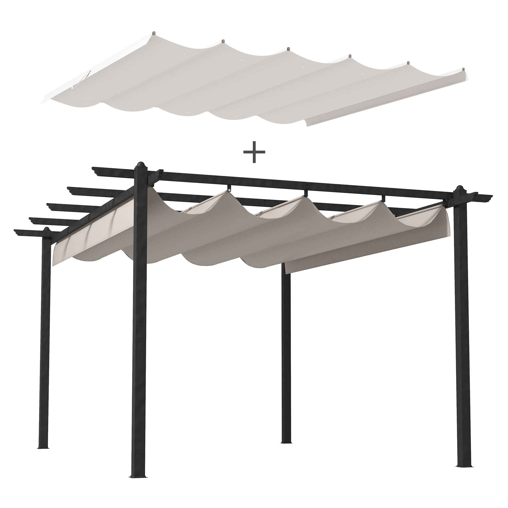 Conjunto de Pérgola Incluye 1 Pérgola de Jardín 4x3 m con Techo Retráctil y 1 Cubierta para Pérgola para Patio Terraza Exterior Crema
