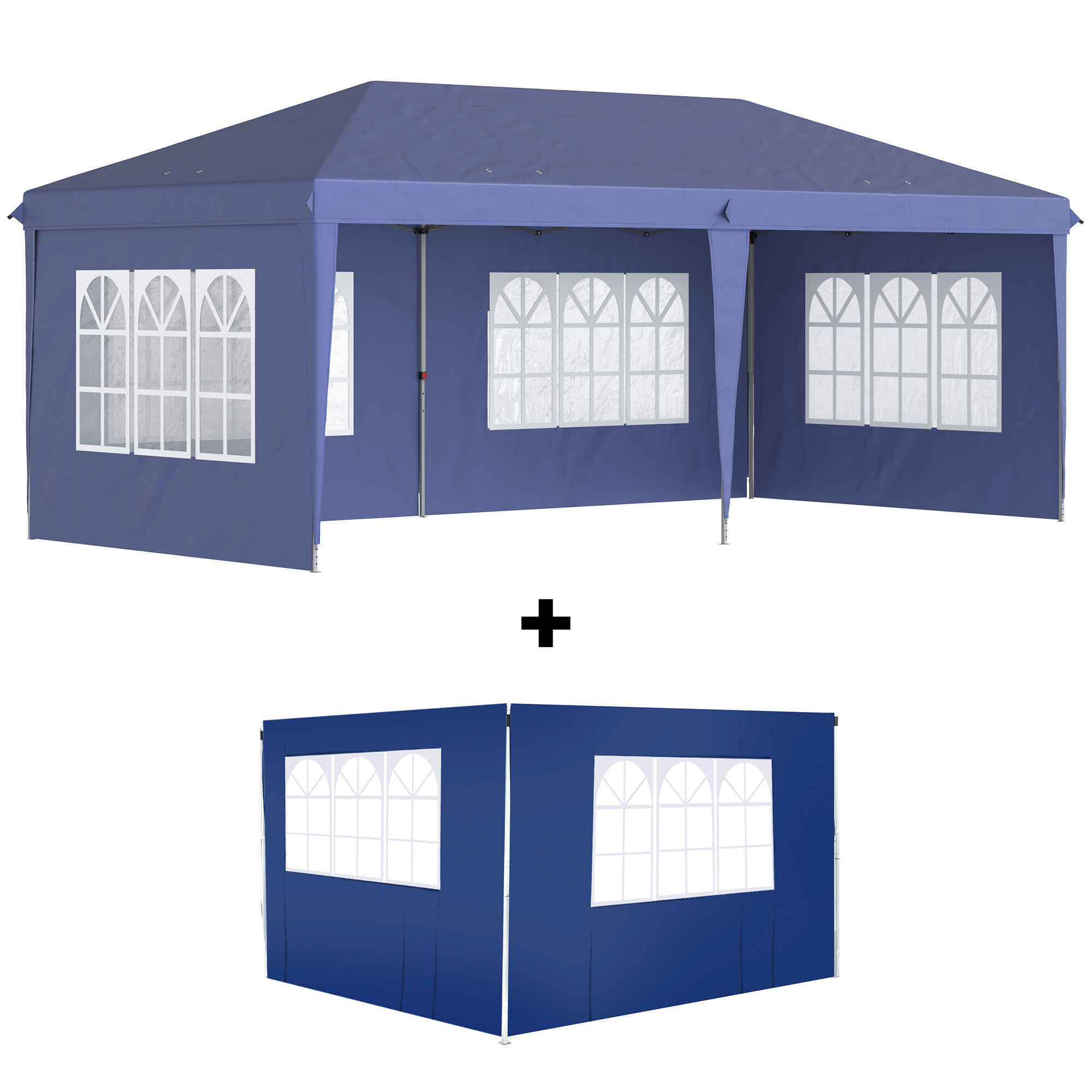 Conjunto de Carpa Incluye 1 Carpa Plegable 6x3 m Impermeable con 4 Laterales Desmontables y 2 Paredes Laterales 3x2 m para Carpa 3x3 m o 3x6 m Azul