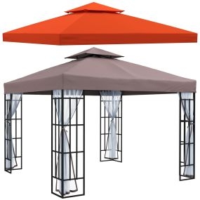 Conjunto de 1 Cenador de Jardín 3x3 m con Doble Techo 4 Mosquiteras Extraíbles Anti-UV y 1 Techo de Repuesto para Fiestas Eventos Café y Teja