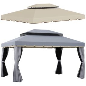 Conjunto de Cenador Incluye 1 Cenador de Jardín 4x3 m con 4 Cortinas Laterales 4 Mosquiteras y 1 Techo de Repuesto 4x3 m para Fiestas Eventos Exterior Gris y Beige