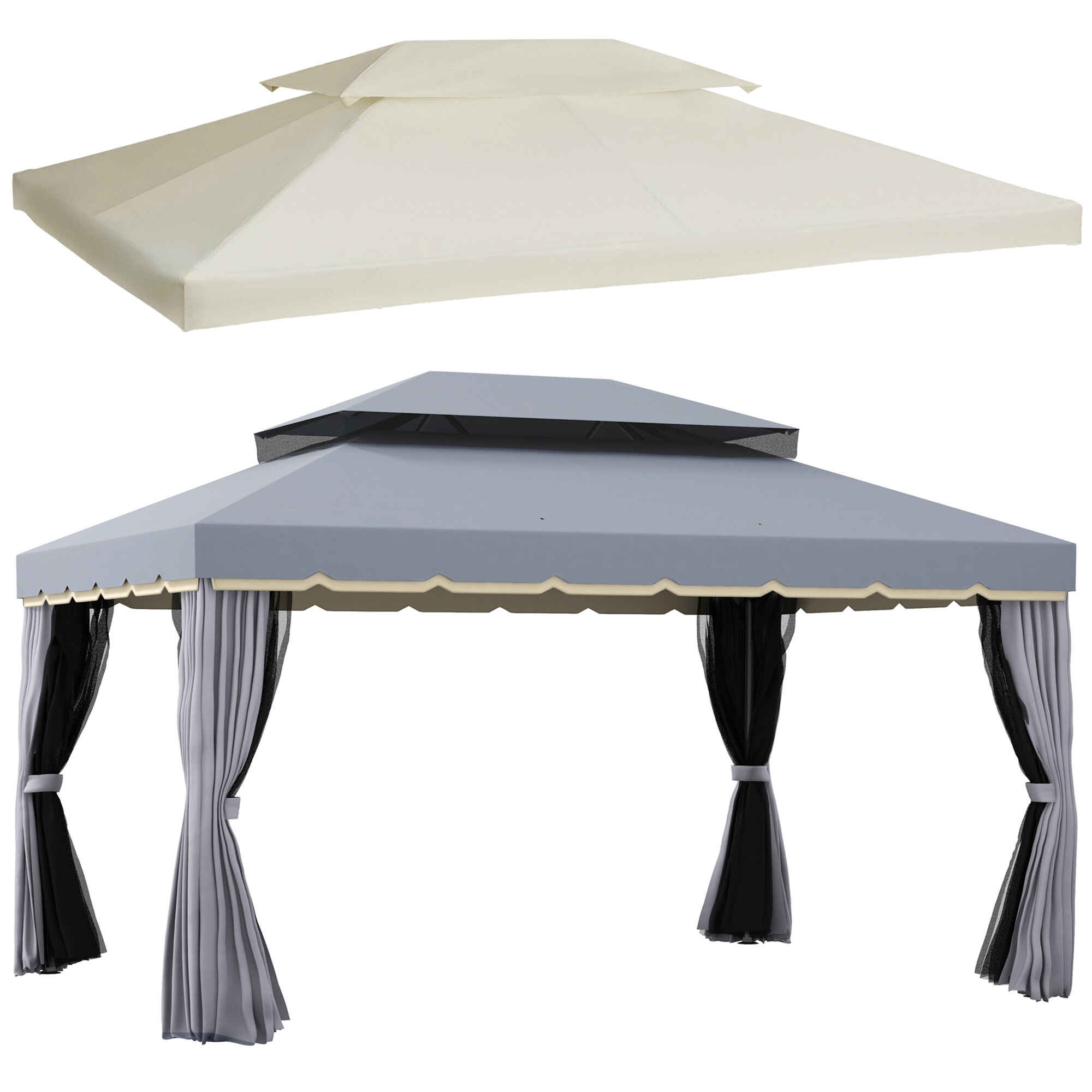 Conjunto de Cenador Incluye 1 Cenador de Jardín 4x3 m con 4 Cortinas Laterales 4 Mosquiteras y 1 Techo de Repuesto 4x3 m para Fiestas Eventos Exterior Gris y Crema