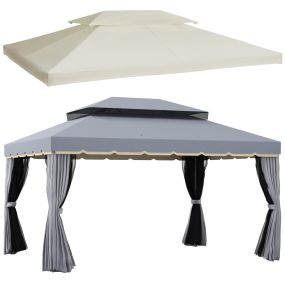 Conjunto de Cenador Incluye 1 Cenador de Jardín 4x3 m con 4 Cortinas Laterales 4 Mosquiteras y 1 Techo de Repuesto 4x3 m para Fiestas Eventos Exterior Gris y Crema