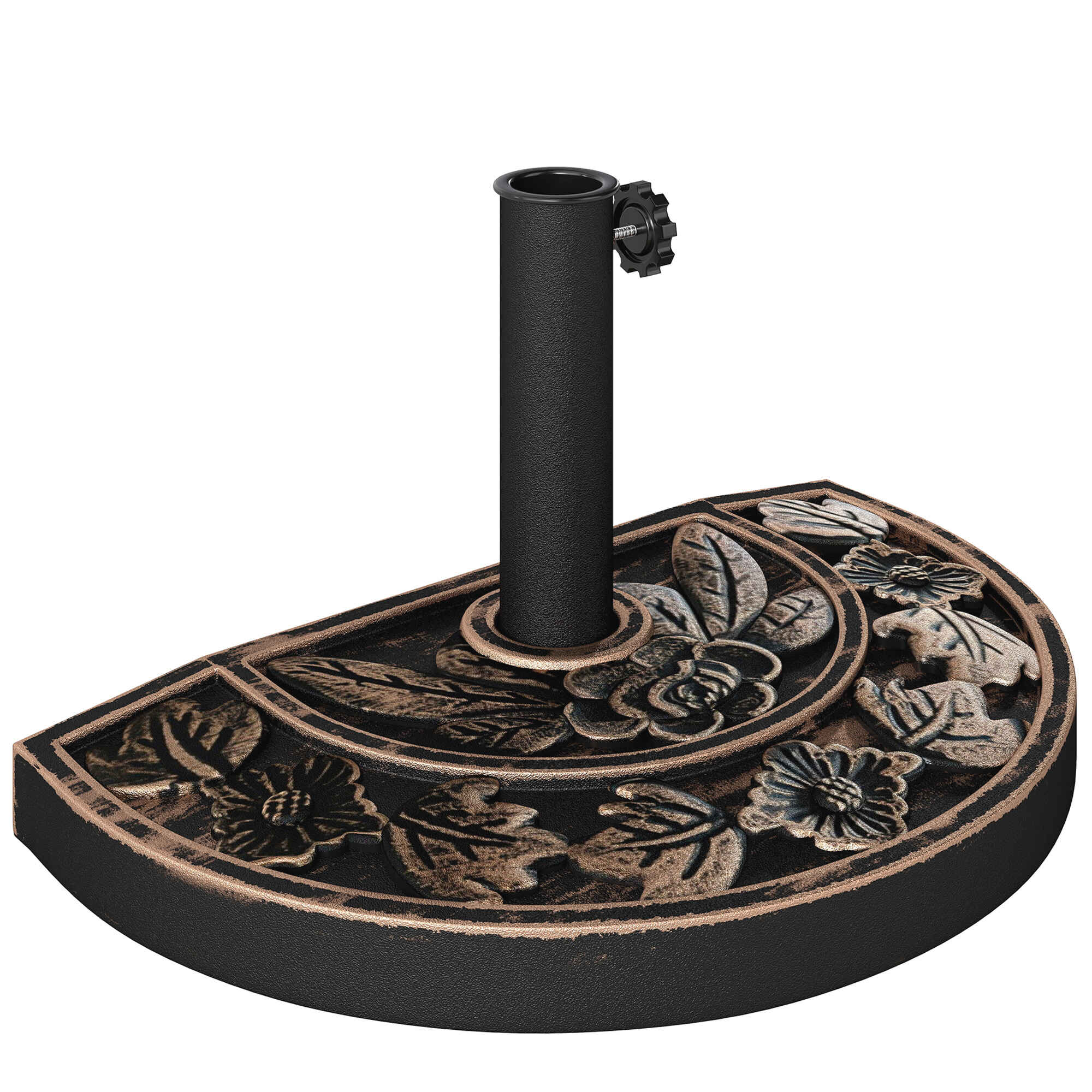 Base de Sombrilla Semicírculo Peso 9 kg Soporte para Parasol de Resina para Poste de Paraguas de Ø3,8 cm y Ø4,8 cm para Terraza Patio Jardín Playa 50x31x32 cm Bronce