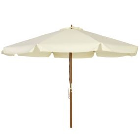 Sombrilla Terraza Exterior Ø325 cm Sombrilla de Jardín con Sistema de Polea Techo Ventilado 8 Varillas de Bambú y Poste de Madera Parasol para Patio Terraza Crema