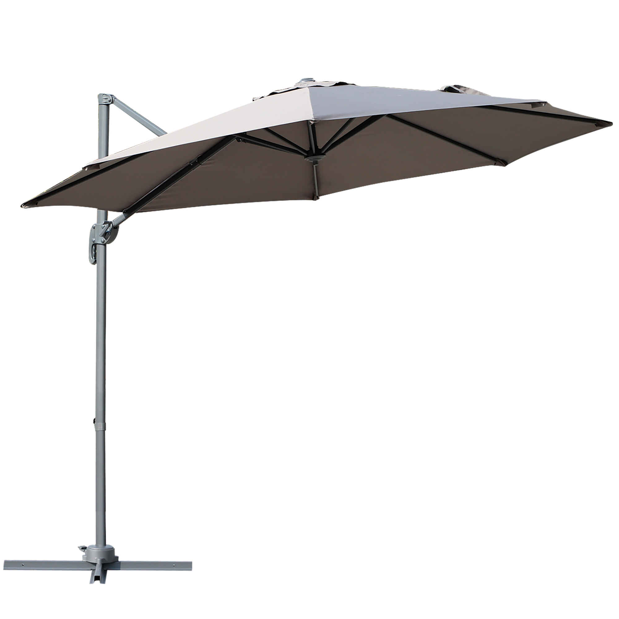 Sombrilla de Aluminio Jardín Ø300x250 cm Parasol Excéntrico con Rotación 360° Inclinación de 6 Niveles con Manivela Ventilación y Base Cruzada para Patio Terraza Gris