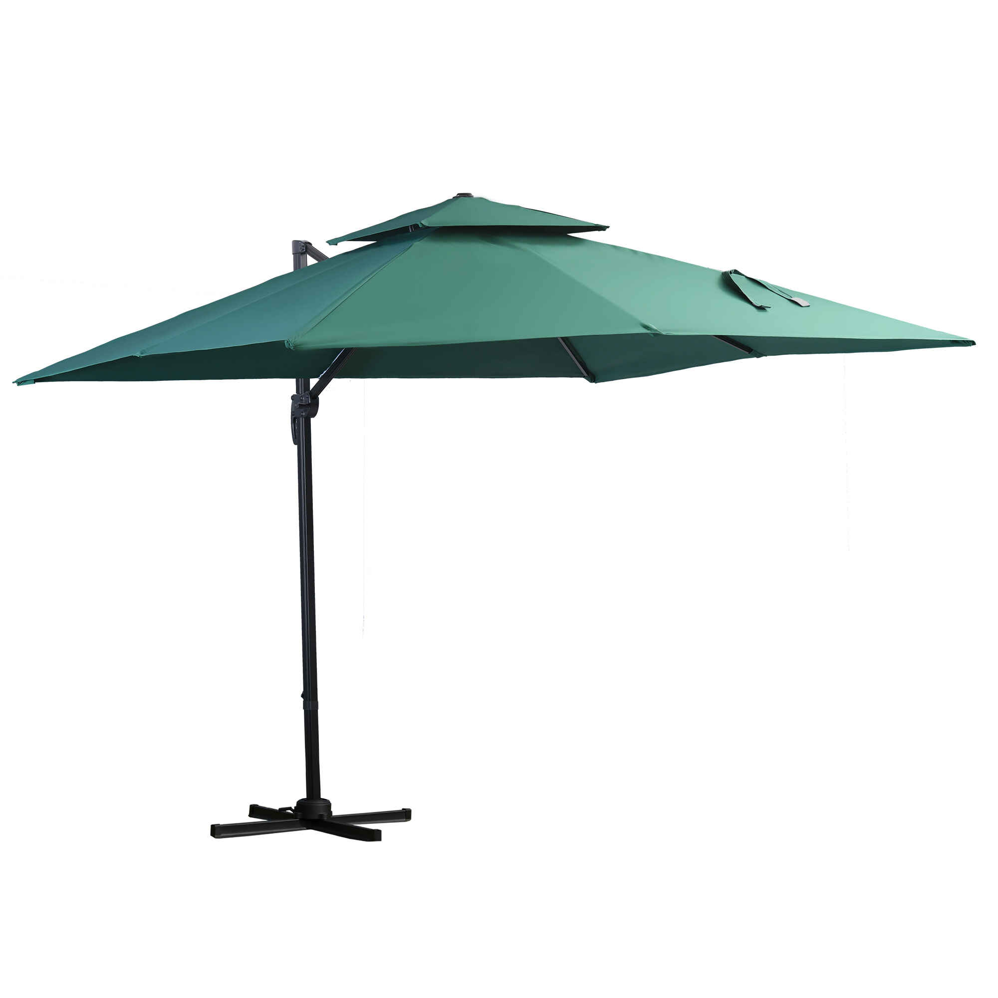 Sombrilla de Jardín 300x300 cm Parasol de Aluminio con Manivela Poste Giratorio 360° Doble Techo Inclinable en 6 Posiciones y Base Cruzada Incluida Verde