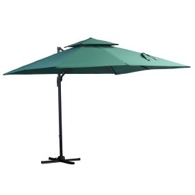 Sombrilla de Jardín 300x300 cm Parasol de Aluminio con Manivela Poste Giratorio 360° Doble Techo Inclinable en 6 Posiciones y Base Cruzada Incluida Verde