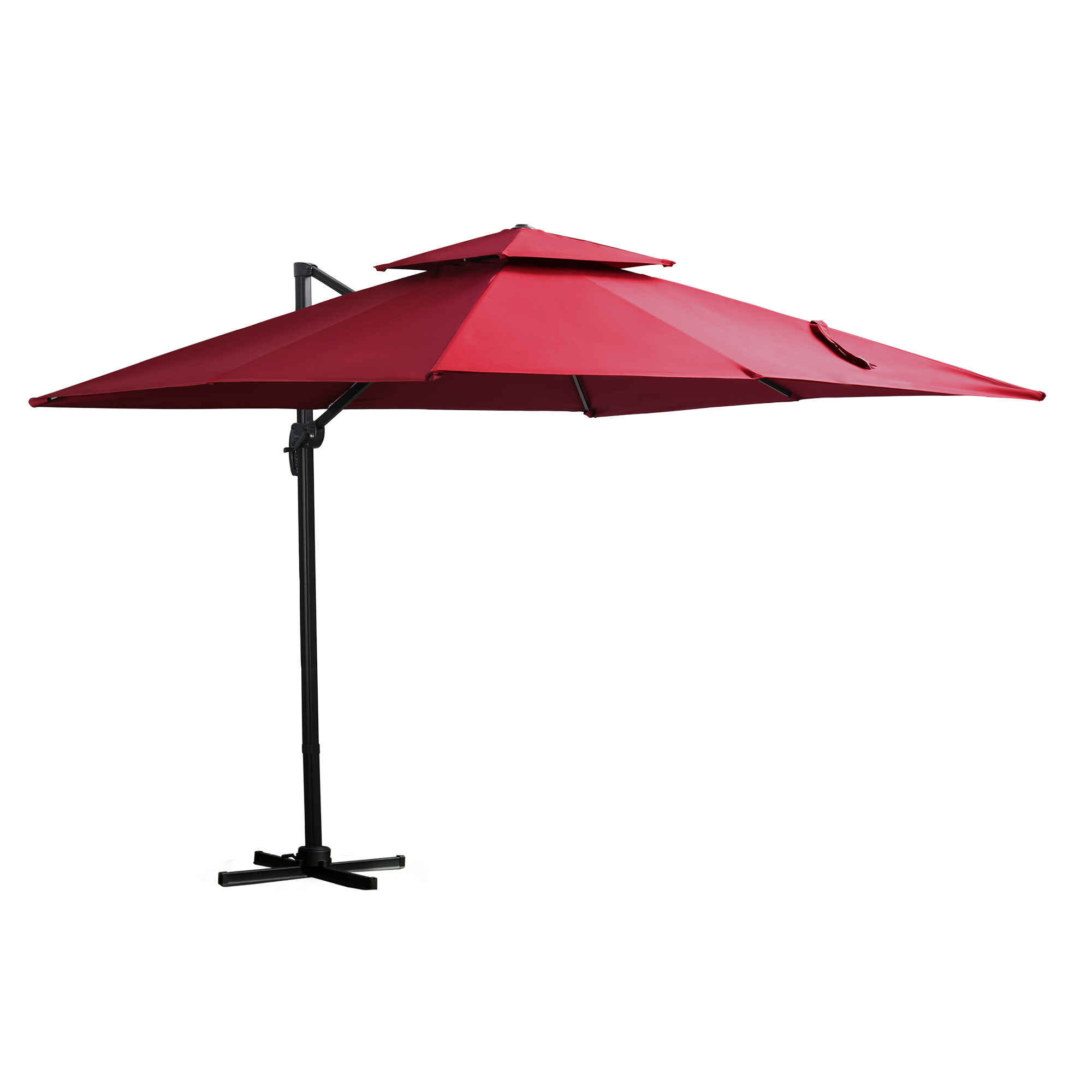 Sombrilla de Jardín 300x300 cm Parasol de Aluminio con Manivela Poste Giratorio 360° Doble Techo Inclinable en 6 Posiciones y Base Cruzada Incluida Rojo