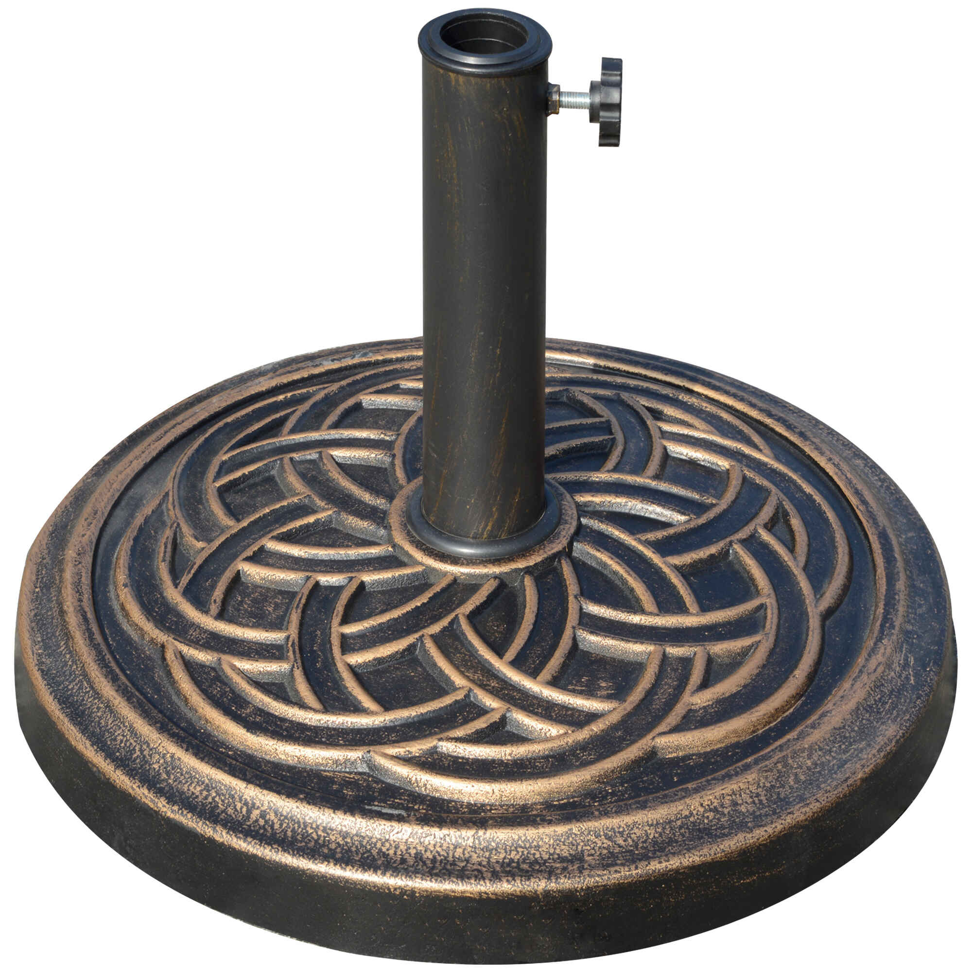 Base de Sombrilla de Jardín Peso Neto 12 kg Soporte de Parasol Redondo Apto para Postes de 38mm/48mm Resina y Acero para Terraza Patio Exterior Ø45x33 cm Bronce