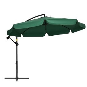 Sombrilla de Jardín Ø293x240 cm Parasol Excéntrico con Rotación de 360° Manivela Base Cruzada y Soporte de Acero para Terraza Patio Balcón Verde