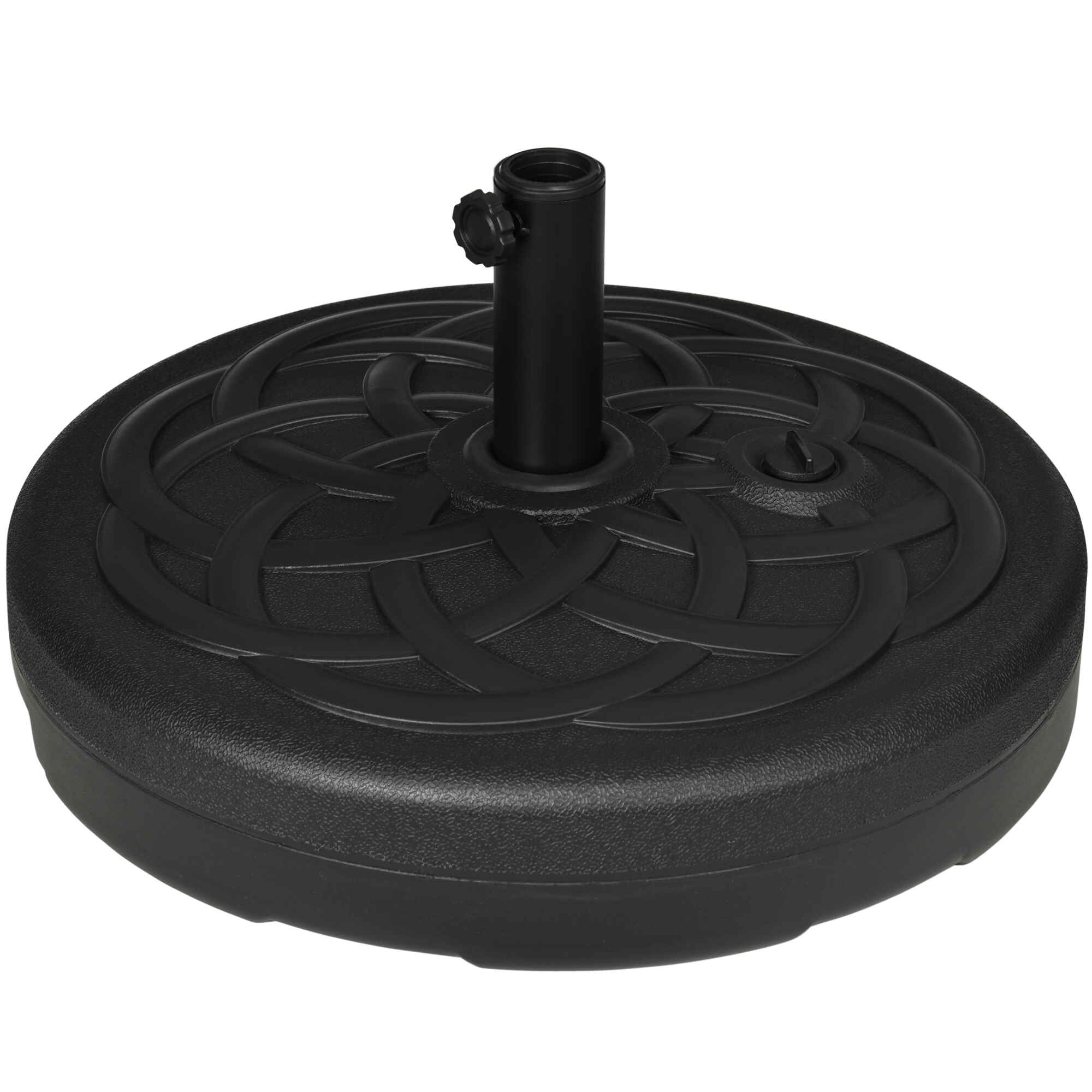 Base de Sombrilla de PE Redonda Soporte de Parasol 2,5 kg Apto para Postes de 38mm/48mm Rellenable de Arena 35 kg y Agua 25L Ø56x30,5 cm Negro
