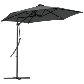 Sombrilla Voladiza de 3 m con Luces LED Sombrilla de Jardín con Manivela y Base Cruzada Parasol Excéntrico para Exterior Patio Terraza Gris Oscuro