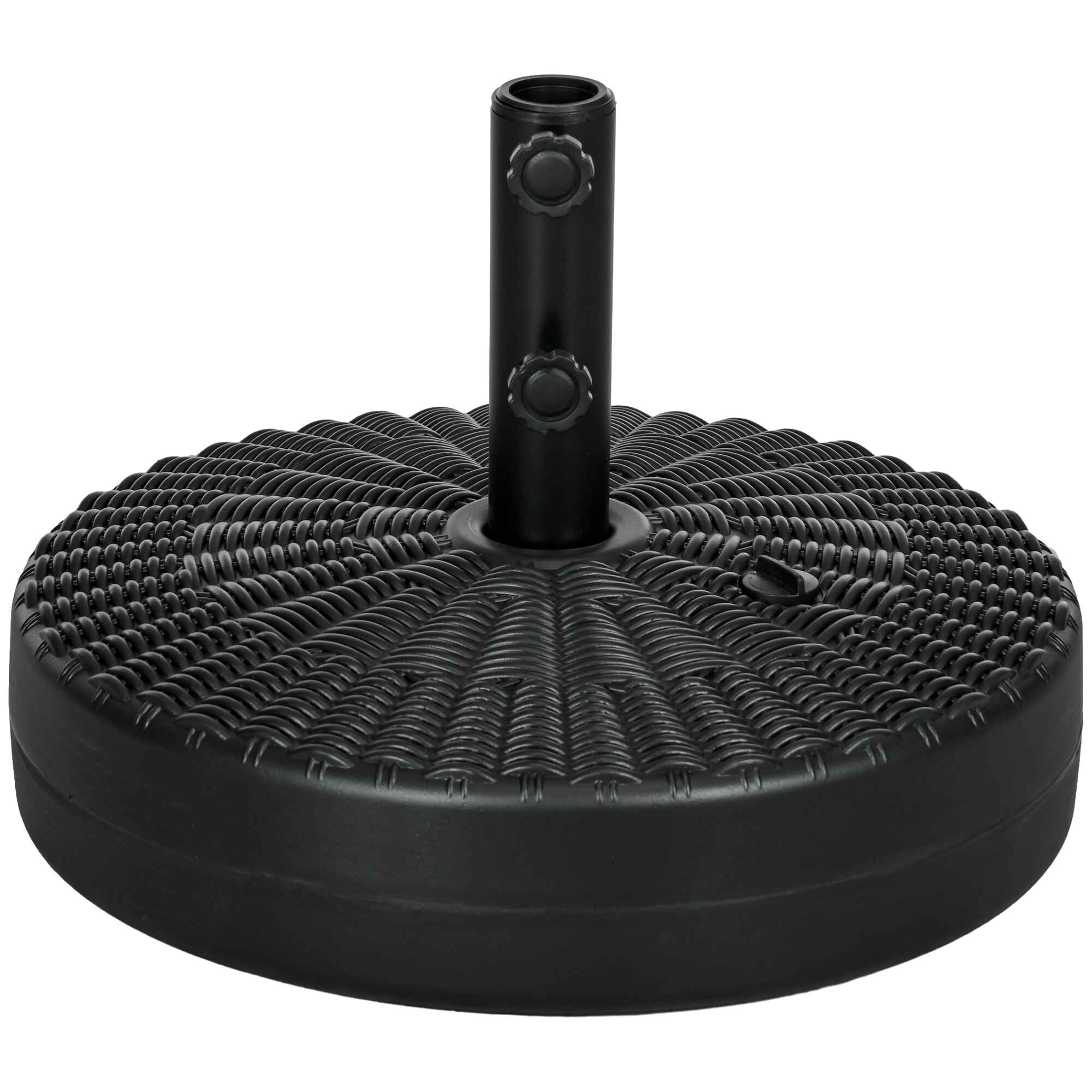 Base de Sombrilla Redondo Soporte para Parasol Rellenable de Agua 22 kg y Arena 29 kg para Poste de Parasol de Ø38/48 mm Superficie de Imitación de Ratán Ø51x36 cm Negro