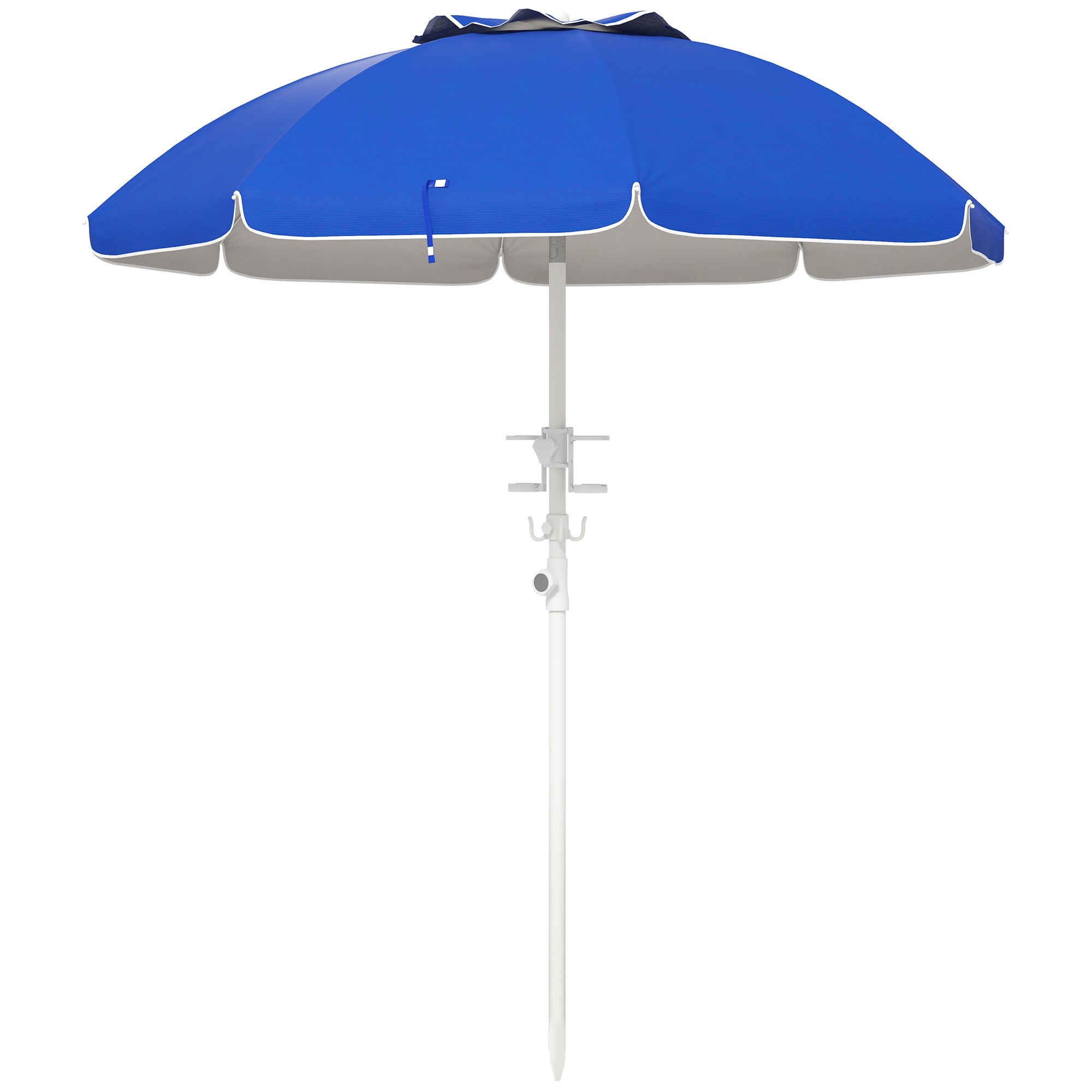 Sombrilla de Playa Ø175x205 cm Parasol para Terraza con 2 Portavasos Ganchos Apertura Manual Anti-UV Altura y Ángulo Ajustable para Jardín Piscina Azul