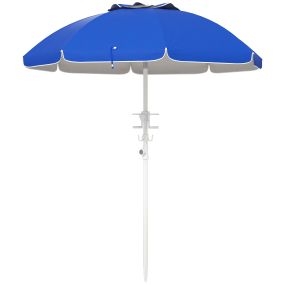 Sombrilla de Playa Ø175x205 cm Parasol para Terraza con 2 Portavasos Ganchos Apertura Manual Anti-UV Altura y Ángulo Ajustable para Jardín Piscina Azul