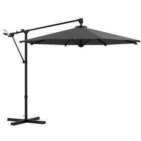 Sombrilla de Jardín 3x3 m Parasol de Jardín Giratorio 360° con Manivela Manual 8 Varillas Base Cruzada y Soporte de Acero para Terraza Patio Balcón Gris Oscuro