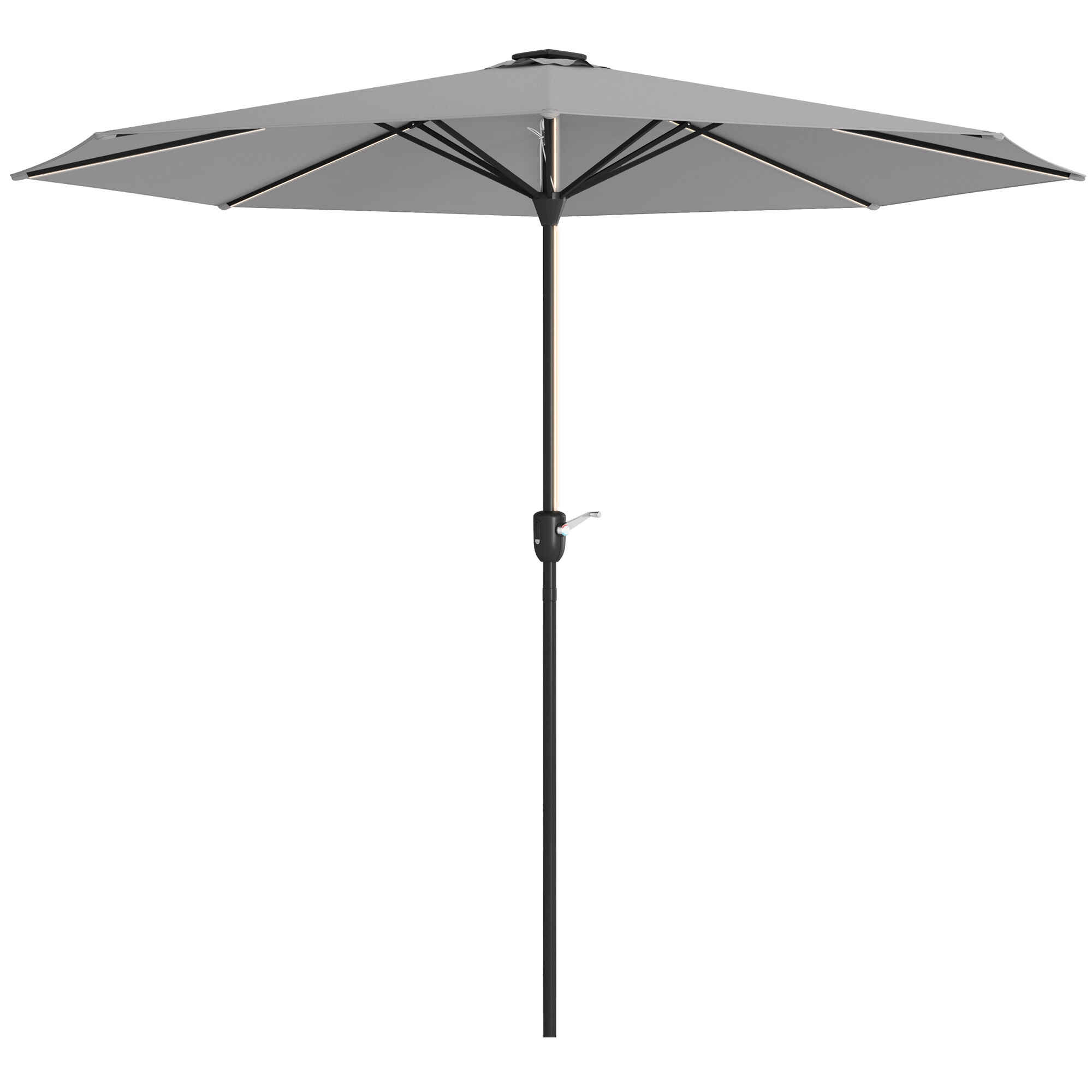 Sombrilla de Jardín de Aluminio Ø265x240 cm Parasol de Terraza con Luces LED Solares Manivela e Impermeable para Piscina Patio Gris Claro
