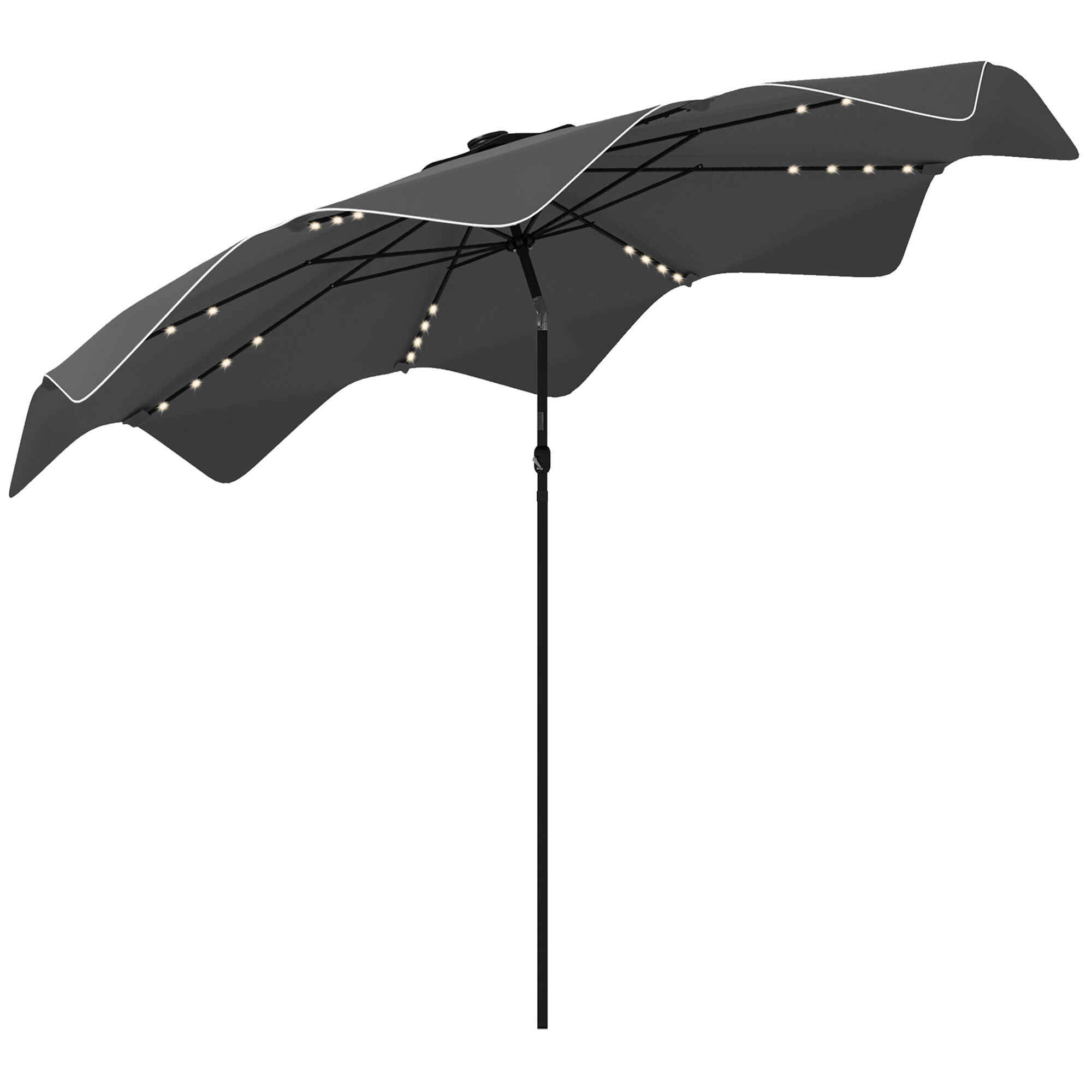 Sombrilla de Jardín Ø292x248 cm Parasol de Terraza Manual con 32 Luces LED Solares 8 Varillas Ángulo Ajustable Impermeable y Rejillas de Ventilación para Patio Balcón Gris Oscuro