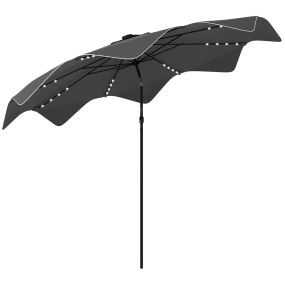 Sombrilla de Jardín Ø292x248 cm Parasol de Terraza Manual con 32 Luces LED Solares 8 Varillas Ángulo Ajustable Impermeable y Rejillas de Ventilación para Patio Balcón Gris Oscuro