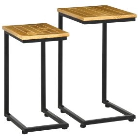 Juego de 2 Mesas Auxiliares de Jardín Mesas Apilables en Forma de C con Marco de Metal y Tapa de Madera para Uso en Interiores y Exteriores 40x30x60 cm y 35x24,5x52 cm Marrón Claro