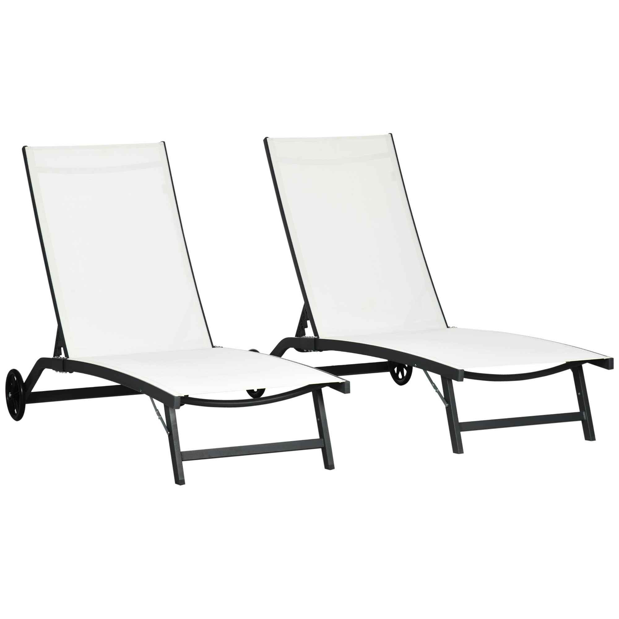 Pack de 2 Tumbonas de Jardín Exterior Tumbonas Reclinables de Aluminio con Respaldo Ajustable de 5 Niveles y Ruedas para Playa Piscina 165x66x102 cm Crema