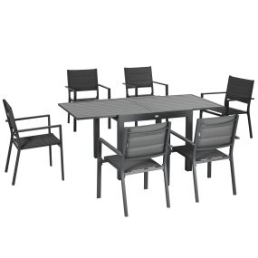 Conjunto Muebles de Jardín 7 Piezas de Aluminio Juego de Comedor Exterior con Mesa Extensible y 6 Sillas Apilables y Asiento de Texteline 90-180x89x74 cm Gris