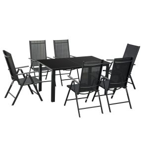 Conjunto de Muebles de Jardín de Aluminio 7 Piezas Juego de Comedor Exterior con 6 Sillas Plegables Reclinables Mesa de Vidrio Templado Negro