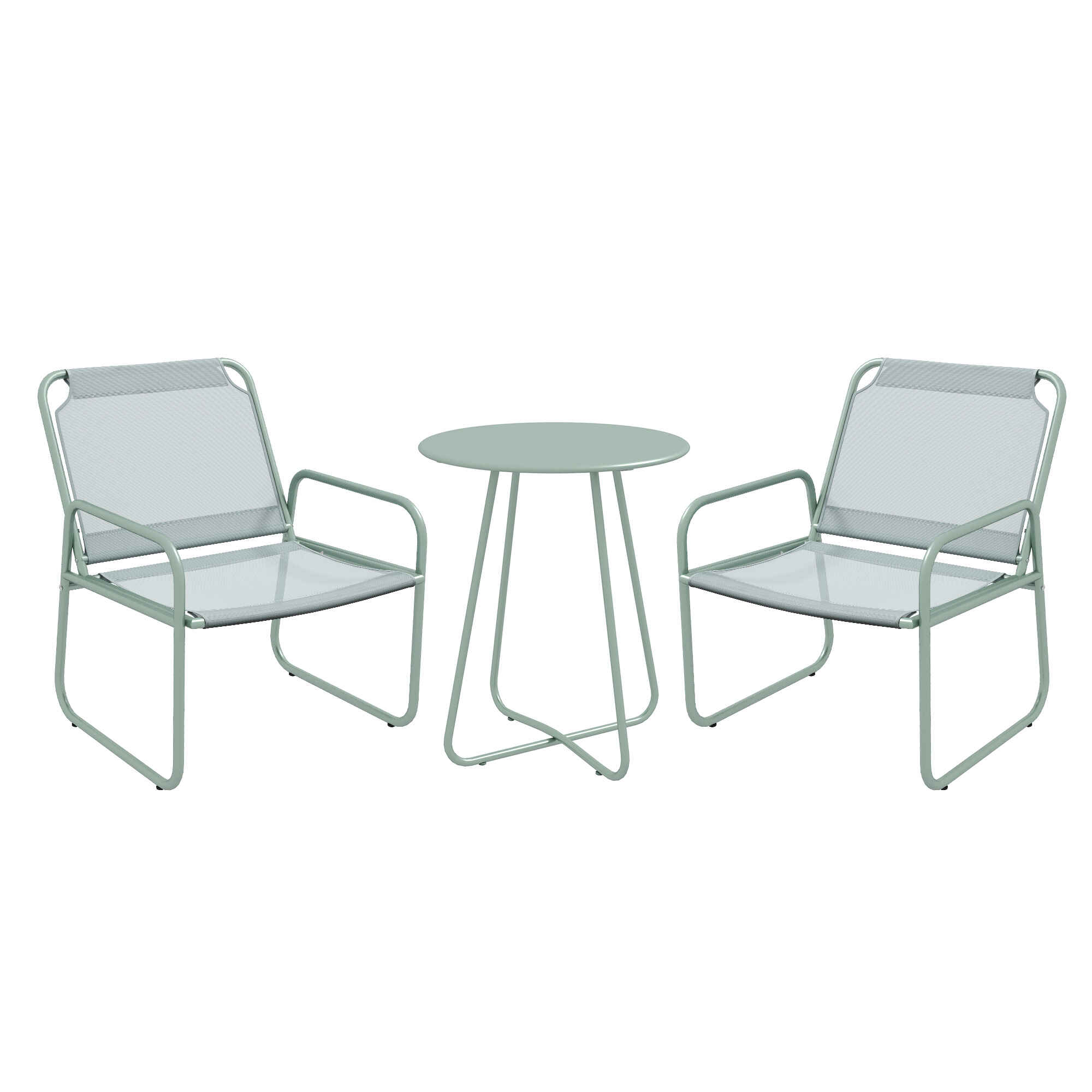 Conjunto de Jardín Exterior Muebles de Jardín Exterior Juego de 1 Mesa Redonda y 2 Sillas de Terraza con Marco de Acero Reposabrazos y Almohadillas Ajustables para los Pies Verde