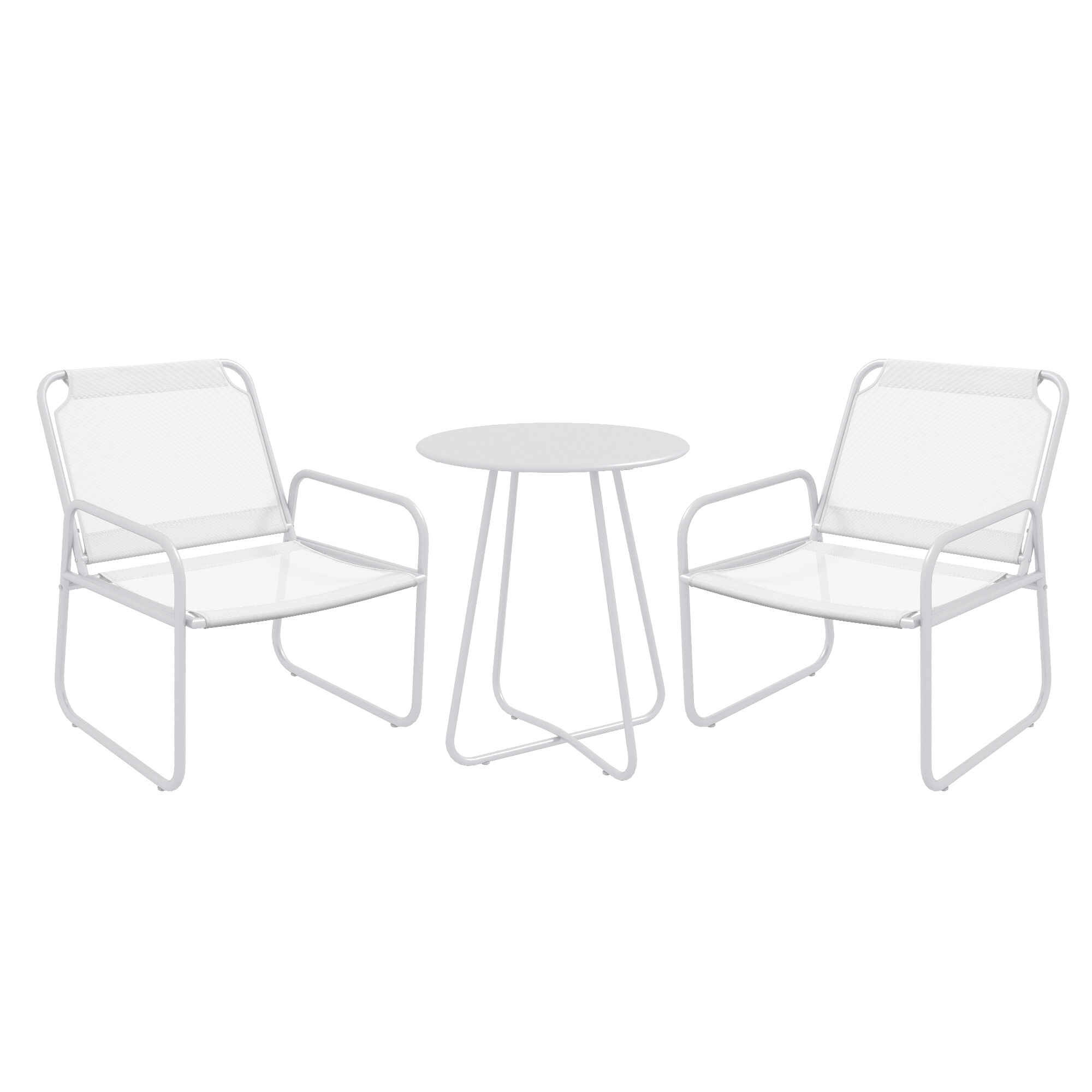 Conjunto de Jardín Exterior Muebles de Jardín Exterior Juego de 1 Mesa Redonda y 2 Sillas de Terraza con Marco de Acero Reposabrazos y Almohadillas Ajustables para los Pies Blanco