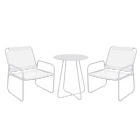Conjunto de Jardín Exterior Muebles de Jardín Exterior Juego de 1 Mesa Redonda y 2 Sillas de Terraza con Marco de Acero Reposabrazos y Almohadillas Ajustables para los Pies Blanco