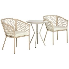 Conjunto de Mesa y 2 Sillas de Jardín Juego de 3 Piezas Muebles de Jardín de Ratán con Cojines Extraíbles para Exterior Terraza Césped Balcón Caqui