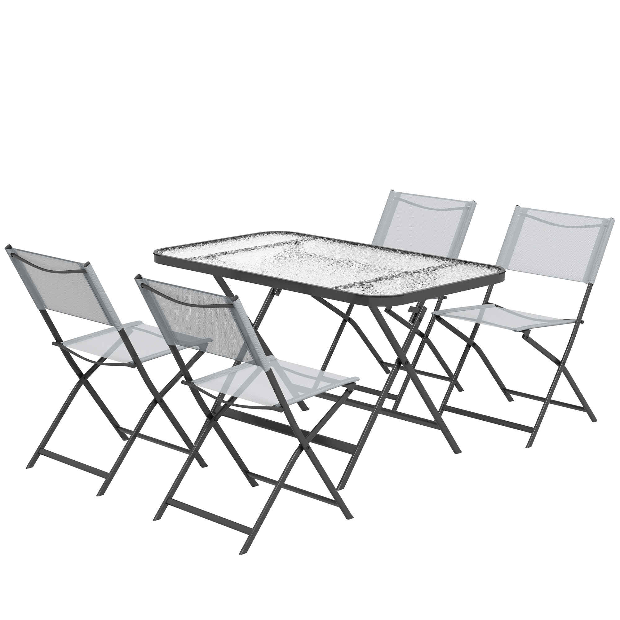 Conjunto de Jardín Conjunto de Comedor de Exterior de 5 Piezas Incluye 1 Mesa de Vidrio Templado y 4 Sillas Plegables Estilo Moderno para Terraza Patio Gris