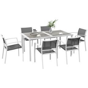 Conjunto de Comedor de Exterior Juego de Comedor de Jardín de 7 Piezas con 1 Mesa y 6 Sillas Apilables Estilo Moderno para Terraza Patio Blanco y Gris