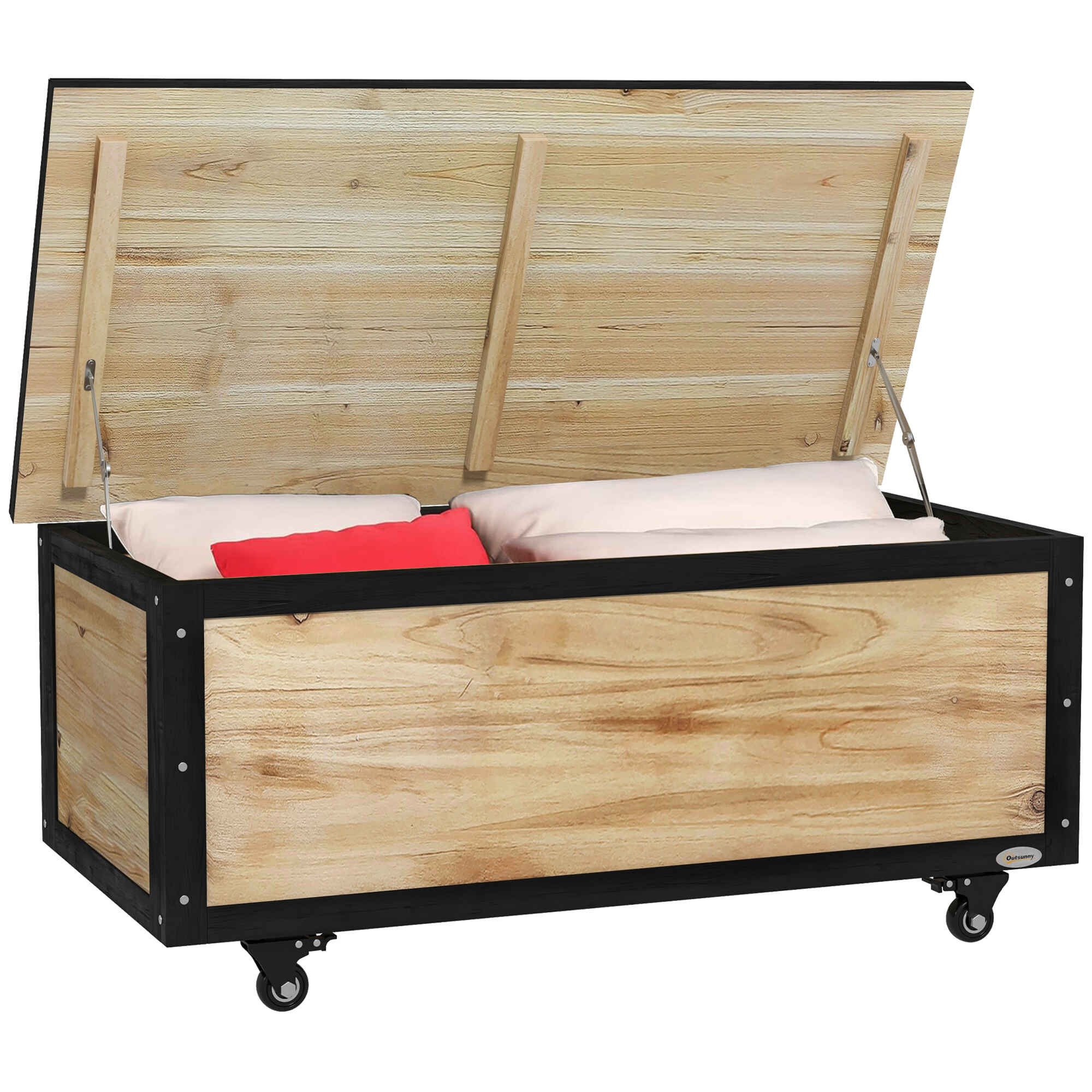Baúl de Exterior 121L Arcón Almacenaje de Madera con 4 Ruedas para Jardín Patio Balcón 100x50x43 cm Natural y Negro
