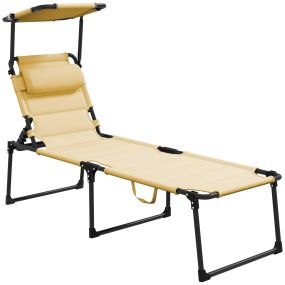 Tumbona Plegable Tumbona de Jardín con Toldo Ajustable Respaldo Regulable en 4 Niveles y Reposacabezas para Terraza Piscina 70x200x45 cm Crema