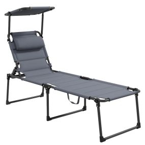 Tumbona Plegable Tumbona de Jardín con Toldo Ajustable Respaldo Regulable en 4 Niveles y Reposacabezas para Terraza Piscina 70x200x45 cm Gris