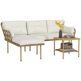 Conjunto de Jardín de Ratán Sintético Juego de 3 Piezas Muebles de Jardín con 1 Sofá de 2 Plazas 1 Sofá Esquinera 1 Mesa de Centro Metálica y Cojines Anti-UV para Patio Natural y Crema