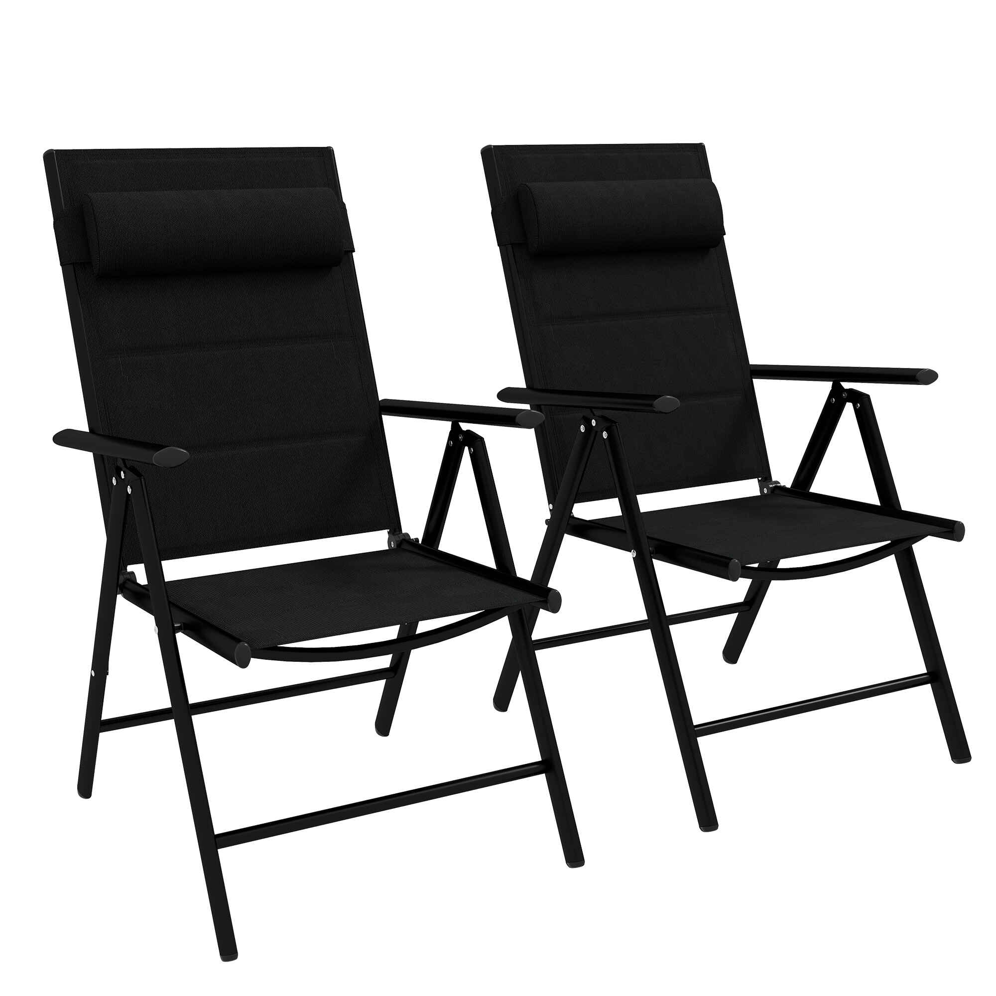 Conjunto de 2 Sillas de Camping Plegables Sillas de Jardín con Marco de Aluminio Reposacabezas y Reposabrazos Carga 130 kg para Terraza Playa 54x67x108 cm Negro