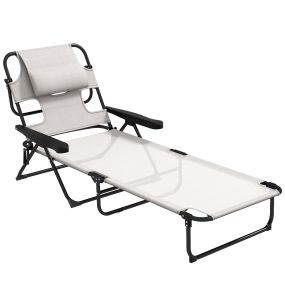 Tumbona Plegable Tumbona de Jardín con Respaldo Ajustable en 4 Niveles Orificio de Lectura y Reposacabezas para Terraza Piscina 194x72x31 cm Crema
