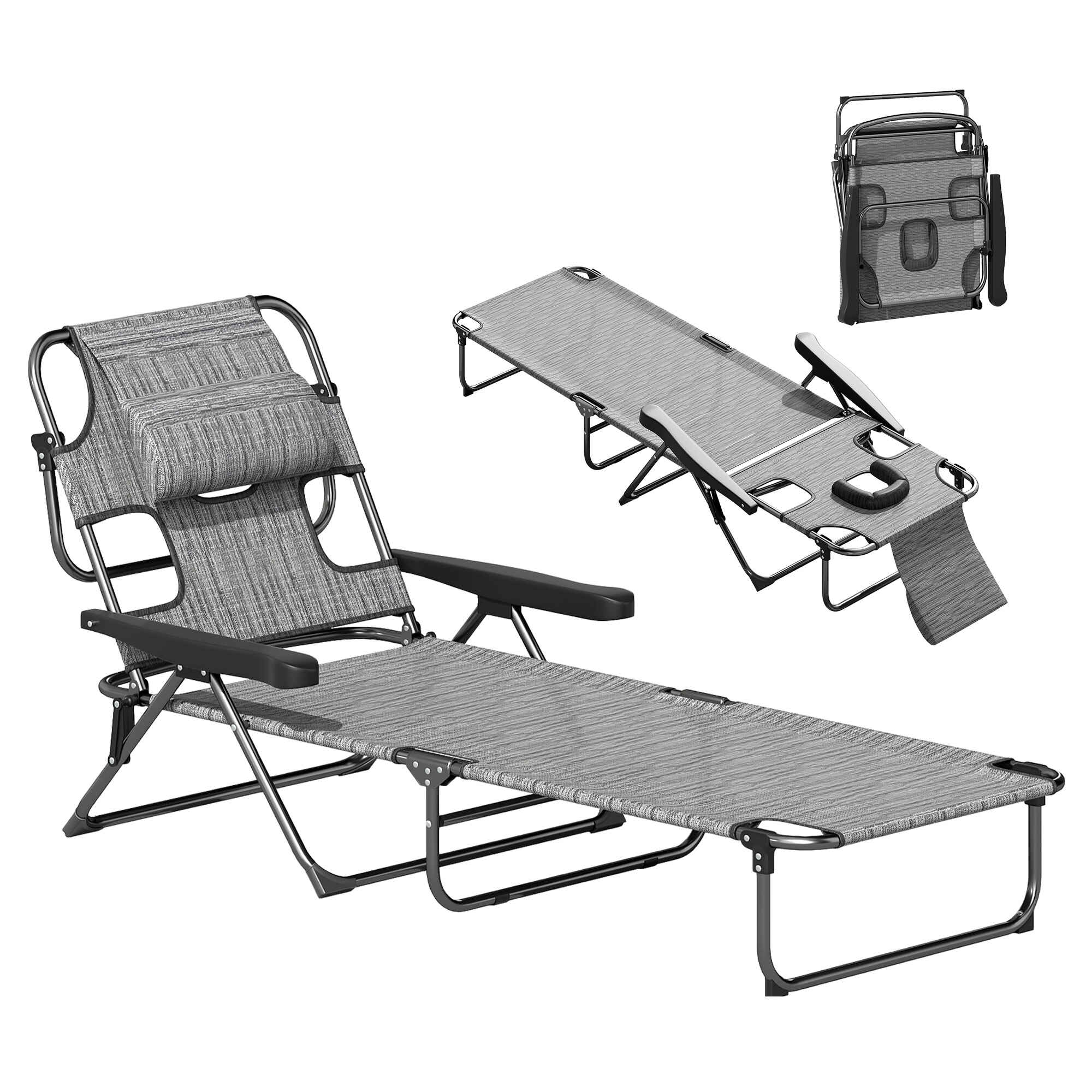 Tumbona Plegable Tumbona de Jardín con Respaldo Ajustable en 4 Niveles Orificio de Lectura y Reposacabezas para Terraza Piscina 194x72x31 cm Gris