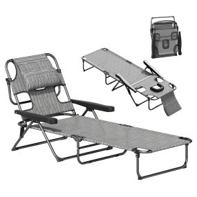 Tumbona Plegable Tumbona de Jardín con Respaldo Ajustable en 4 Niveles Orificio de Lectura y Reposacabezas para Terraza Piscina 194x72x31 cm Gris