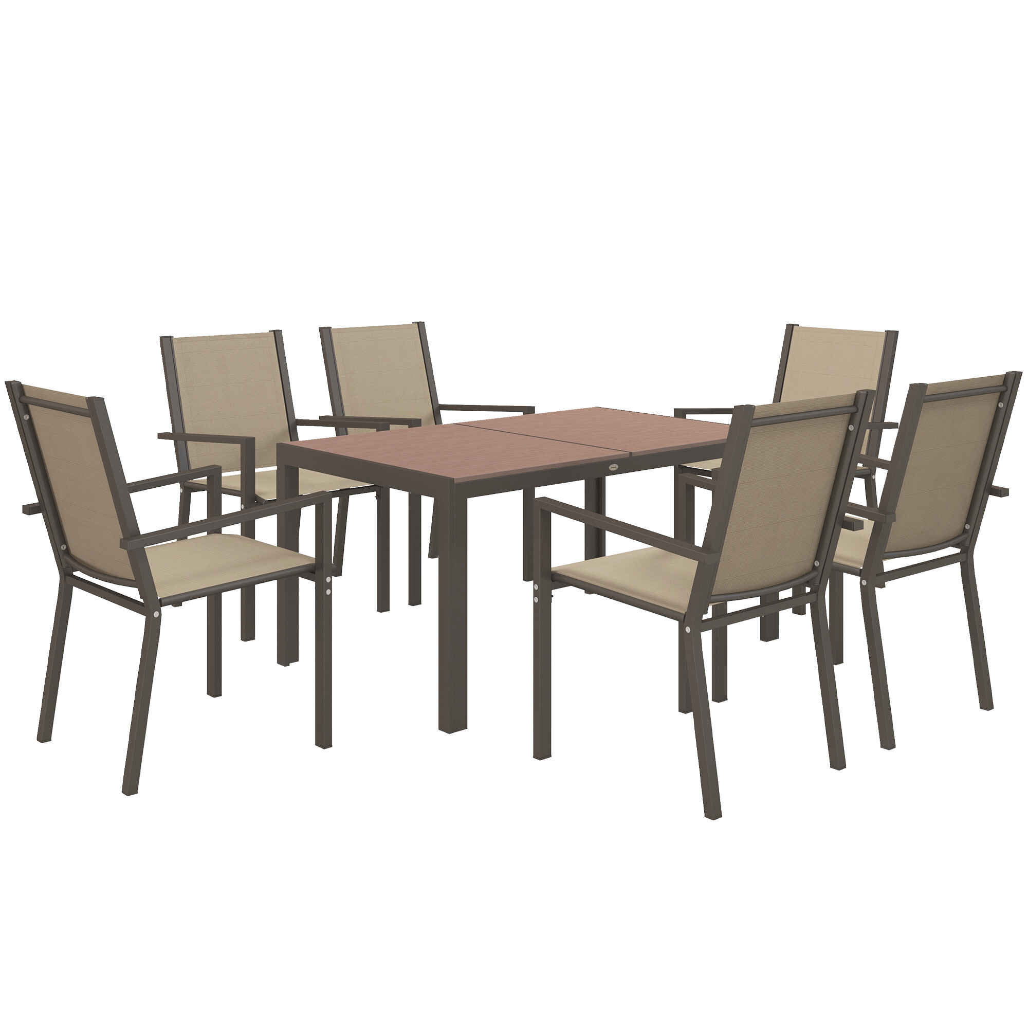 Conjunto de Comedor de Exterior de 7 Piezas Conjunto de Mesa y 6 Sillas de Jardín con Sillas Apilables y Marco de Acero para Terraza Patio Caqui y Marrón