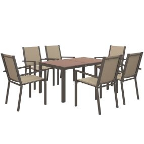 Conjunto de Comedor de Exterior de 7 Piezas Conjunto de Mesa y 6 Sillas de Jardín con Sillas Apilables y Marco de Acero para Terraza Patio Caqui y Marrón